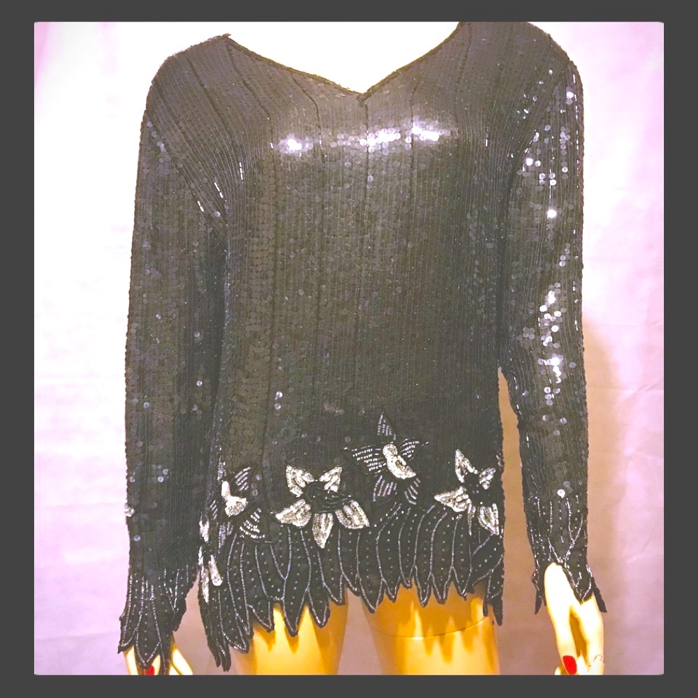 Vtg Royal Feeling Women Sequined Black Top Sz L